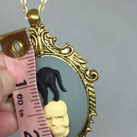 Skull Cat Black Skeleton Gothic Cameo Necklace NEW - Picture 7 of 8